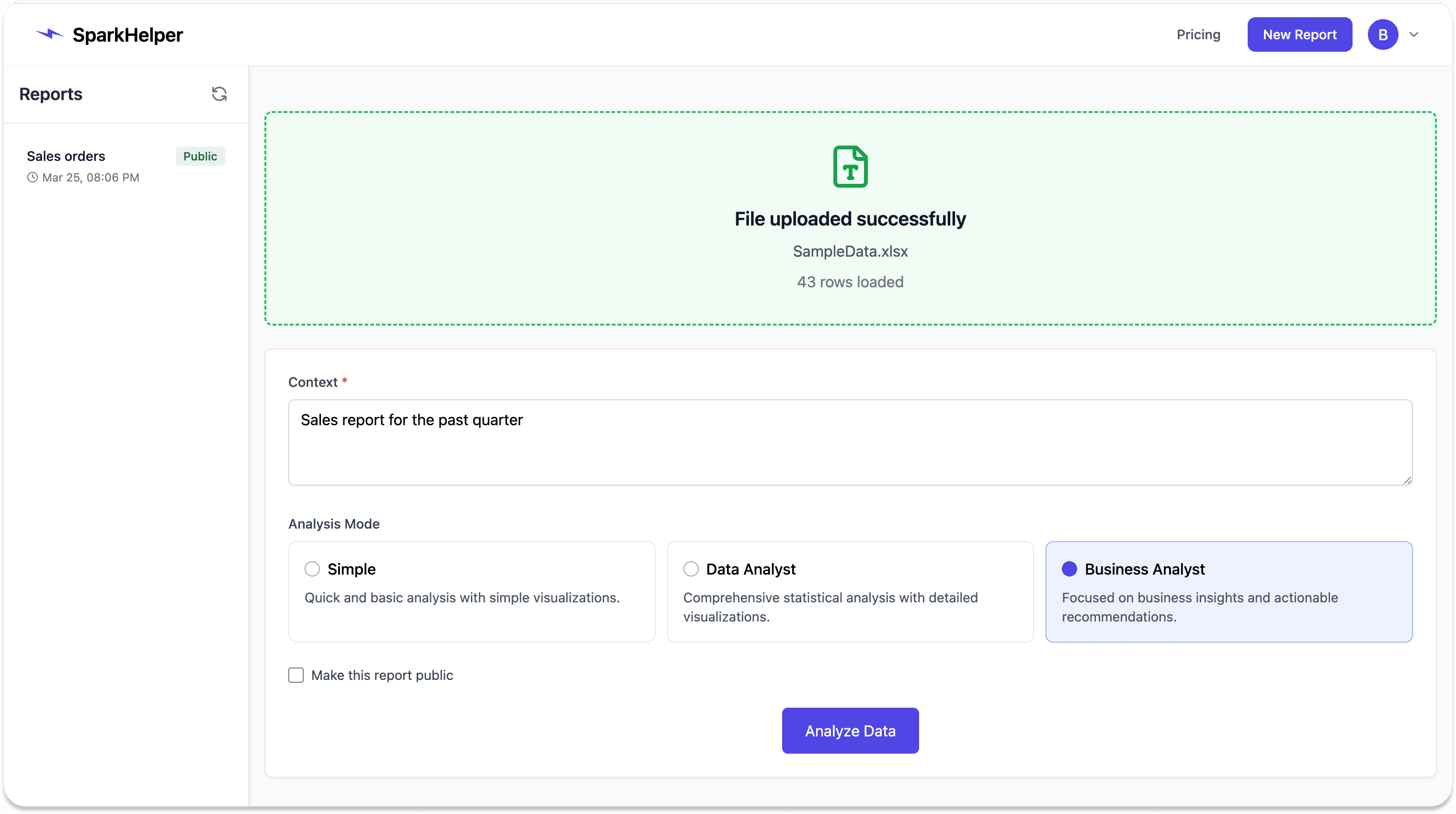 SparkHelper dashboard showing data analysis report with tables and charts